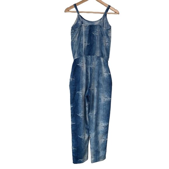 Blue Tie Dye Jumpsuit Women Medium Ruffle Elastic Waist Sleeveless Spring Summer - Picture 3 of 9